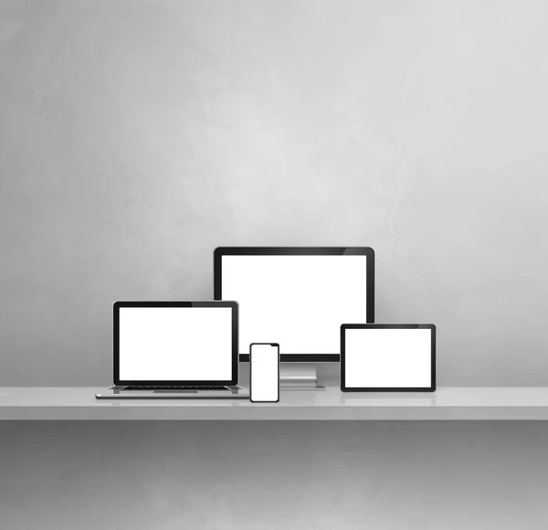 Computer Laptop Mobile Phone Digital Tablet Grey Wall Shelf Background — Stock Photo, Image