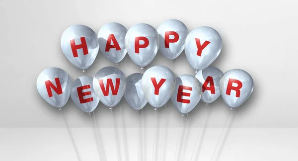 Happy New Year Balloons Bunch White Concrete Background Horizontal Banner — Stock Photo, Image