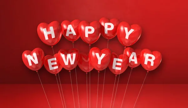 新年快乐 心形气球在红色混凝土背景上飘扬 横向横幅 3D插图渲染 — 图库照片