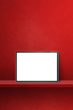 Kırmızı duvar rafında dijital tablet var. Dikey arkaplan pankartı. 3B Görüntü