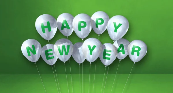Bílá Šťastná Novoroční Balónky Zeleném Betonovém Pozadí Vodorovný Prapor Vykreslení — Stock fotografie
