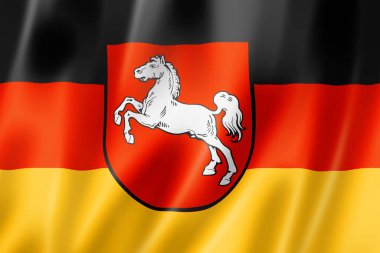 Aşağı Saksonya eyalet bayrağı, Almanya 'da pankart koleksiyonu. 3B illüstrasyon