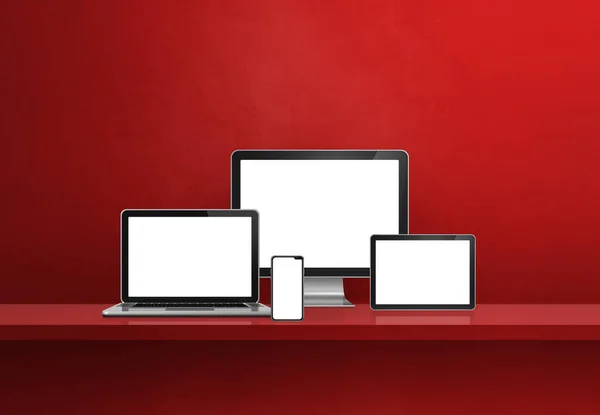 Computer Laptop Handy Und Digitaler Tablet Rotes Wandregalbanner Illustration — Stockfoto