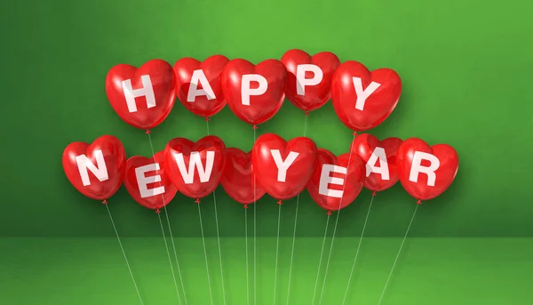 緑のコンクリートの背景に赤い幸せな新年の心の形の風船 水平方向のバナー 3Dイラストレンダリング — ストック写真