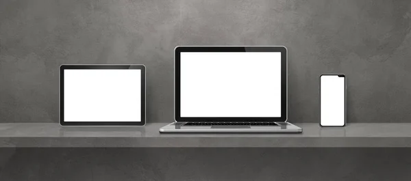 Laptop Handy Und Digitaler Tablet Grauen Wandregal Banner Hintergrund Illustration — Stockfoto