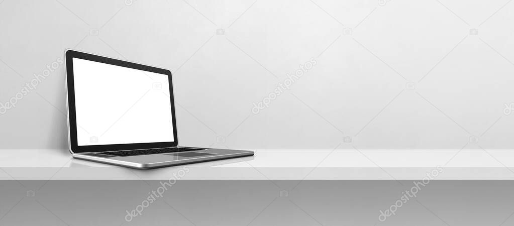 Laptop computer on white concrete shelf background banner. 3D Illustration