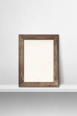Ahşap çerçeve beyaz bir rafa yaslanıyor. 3 boyutlu illüstrasyon. Boş model şablonu. Dikey arkaplan