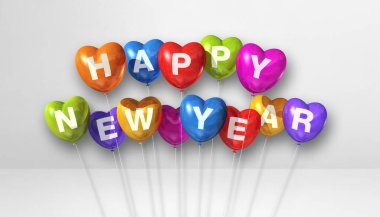 Renkli mutlu yeni yıl balonları beyaz beton arka planda. Yatay pankart. 3B illüstrasyon oluşturucu