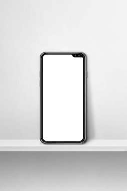 Beyaz beton duvardaki cep telefonu. Dikey arkaplan. 3B Görüntü