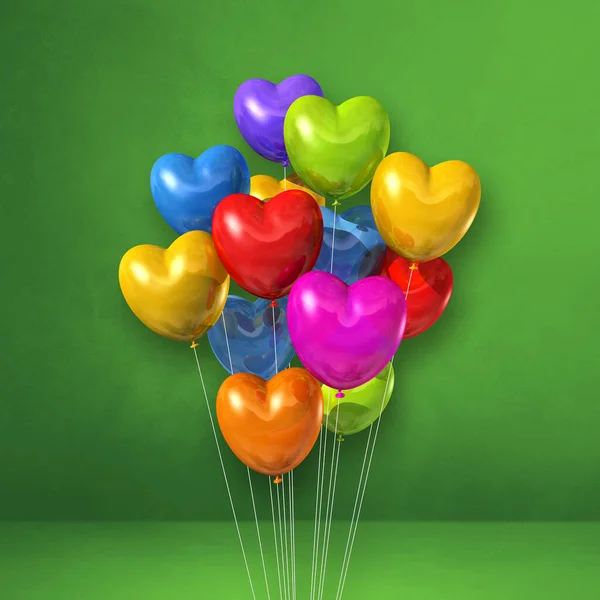 Bunte Herzförmige Luftballons Stapeln Sich Auf Einem Grünen Wandhintergrund Illustrationsrenderer — Stockfoto