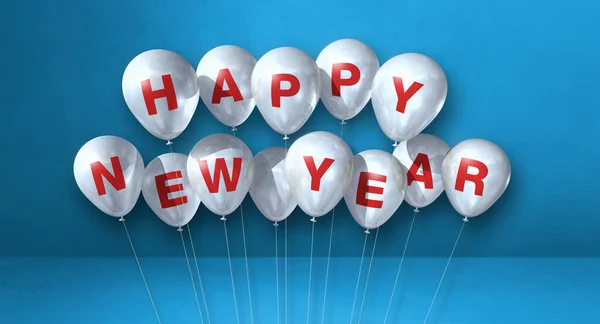 White Happy New Year Balloons Bunch Blue Concrete Background Horizontal — Stock Photo, Image