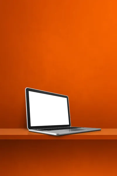 オレンジ色の棚のラップトップコンピュータ 縦の背景 3Dイラスト — ストック写真