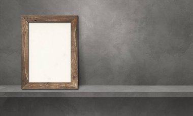 Gri bir rafa yaslanmış ahşap resim çerçevesi. 3 boyutlu illüstrasyon. Boş model şablonu. Yatay Pankart