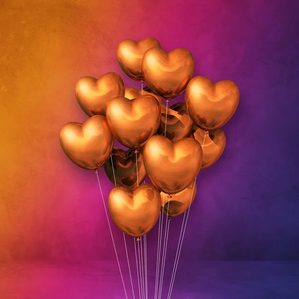 铜心形气球束在彩虹墙的背景上 3D插图渲染 — 图库照片