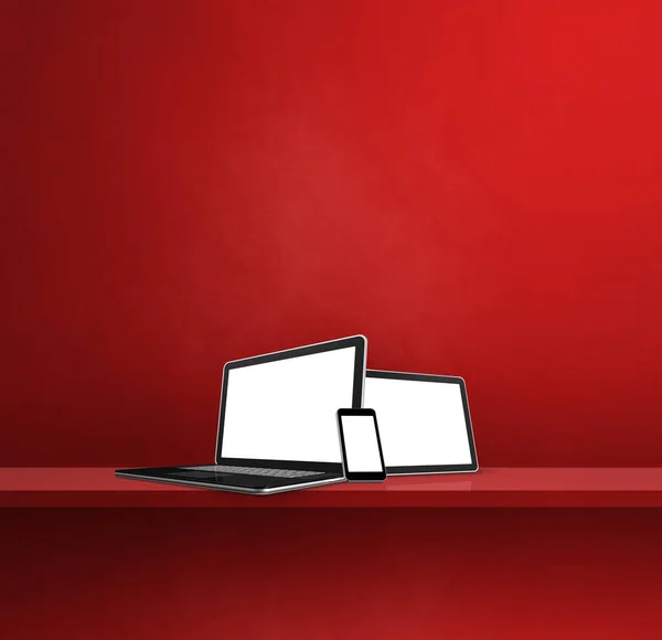 Laptop Mobiele Telefoon Digitale Tablet Rode Wandplank Vierkante Achtergrond Illustratie — Stockfoto
