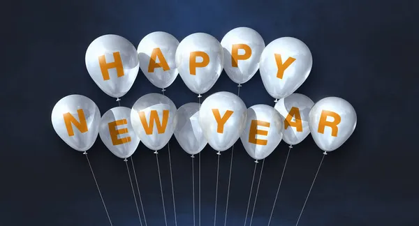 Bílý Šťastný Nový Rok Balónky Banda Černém Betonu Pozadí Vodorovný — Stock fotografie