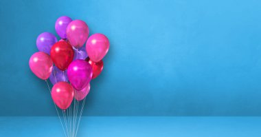 Mavi duvar arka planında pembe balonlar. Yatay pankart. 3B illüstrasyon oluşturucu