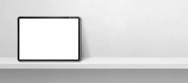Beyaz Duvar Rafında Dijital Tablet Var Yatay Arkaplan Pankartı Görüntü — Stok fotoğraf