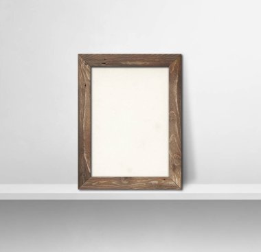 Ahşap çerçeve beyaz bir rafa yaslanıyor. 3 boyutlu illüstrasyon. Boş model şablonu. Kare arkaplan