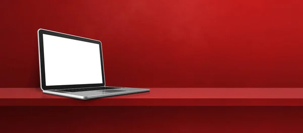Laptop Computer Auf Rotem Regalhintergrund Banner Illustration — Stockfoto