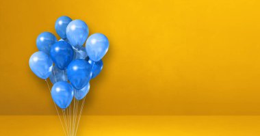 Sarı duvar arkaplanındaki mavi balonlar. Yatay pankart. 3B illüstrasyon oluşturucu