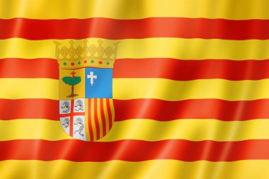 Aragon bayrağı, İspanya 'da pankart koleksiyonu. 3B illüstrasyon