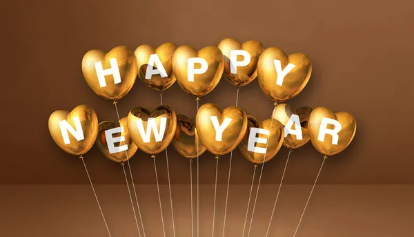 Goud Gelukkig Nieuwjaar Hartvorm Ballonnen Een Bruine Betonnen Achtergrond Horizontale — Stockfoto