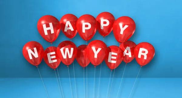 红色的快乐新年气球堆在蓝色的混凝土背景上 横向横幅 3D插图渲染 — 图库照片
