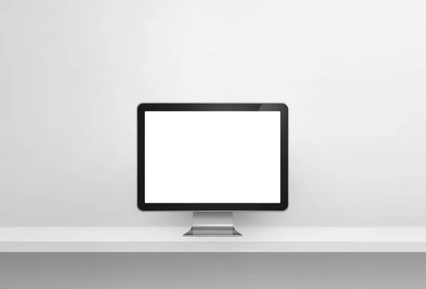 コンピュータPc 白いコンクリート壁の棚のバナー 3Dイラスト — ストック写真