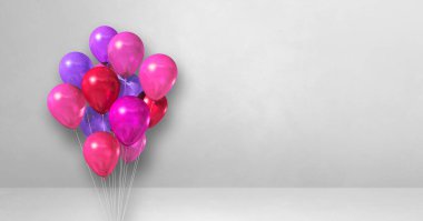 Beyaz arka planda pembe balonlar. Yatay pankart. 3B illüstrasyon oluşturucu