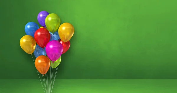 Manojo Globos Colores Sobre Fondo Pared Verde Banner Horizontal Renderizado — Foto de Stock