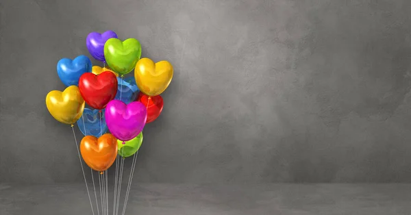 Bunte Herzförmige Luftballons Stapeln Sich Auf Einem Grauen Wandhintergrund Horizontale — Stockfoto