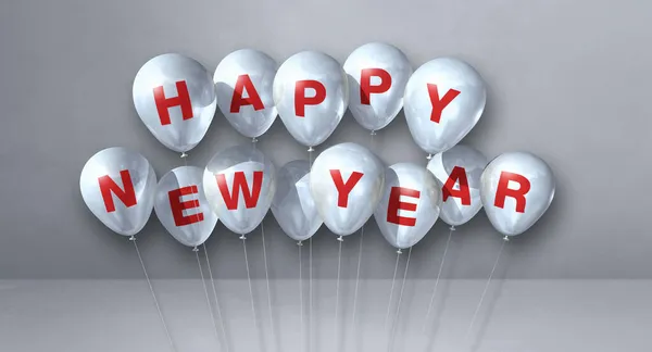灰色のコンクリートの背景に白い幸せな新年の風船束 水平方向のバナー 3Dイラストレンダリング — ストック写真