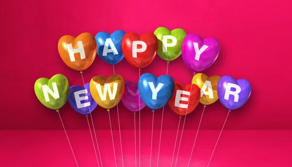 五彩缤纷的新年心形气球在粉红混凝土的背景上 横向横幅 3D插图渲染 — 图库照片