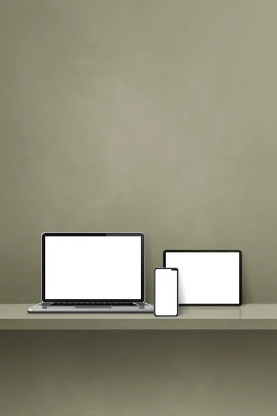 Laptop Mobile Phone Digital Tablet Green Wall Shelf Vertical Background — Stock Photo, Image
