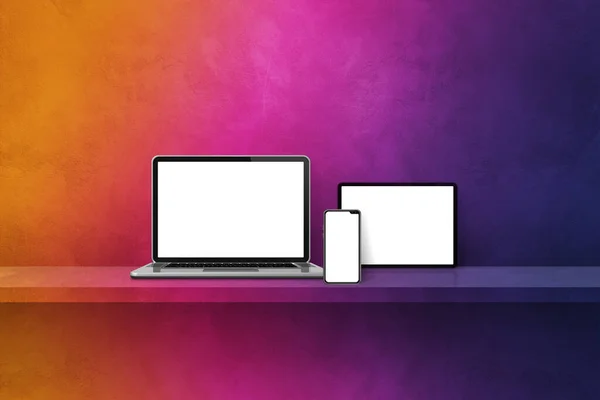 笔记本电脑 手机和数字平板电脑放在彩虹壁架上 横向背景 3D说明 — 图库照片
