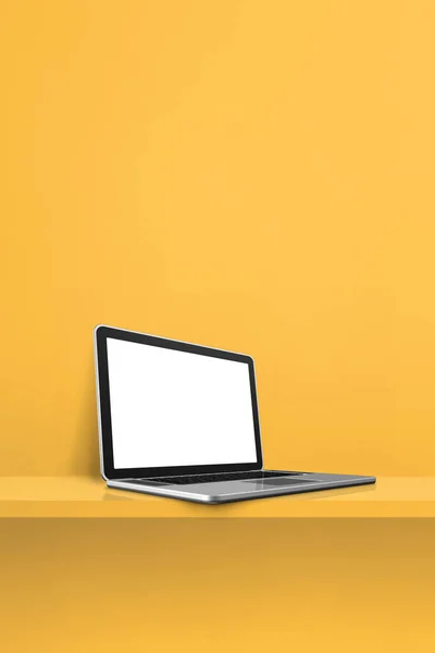 黄色の棚のラップトップコンピュータ 縦の背景 3Dイラスト — ストック写真