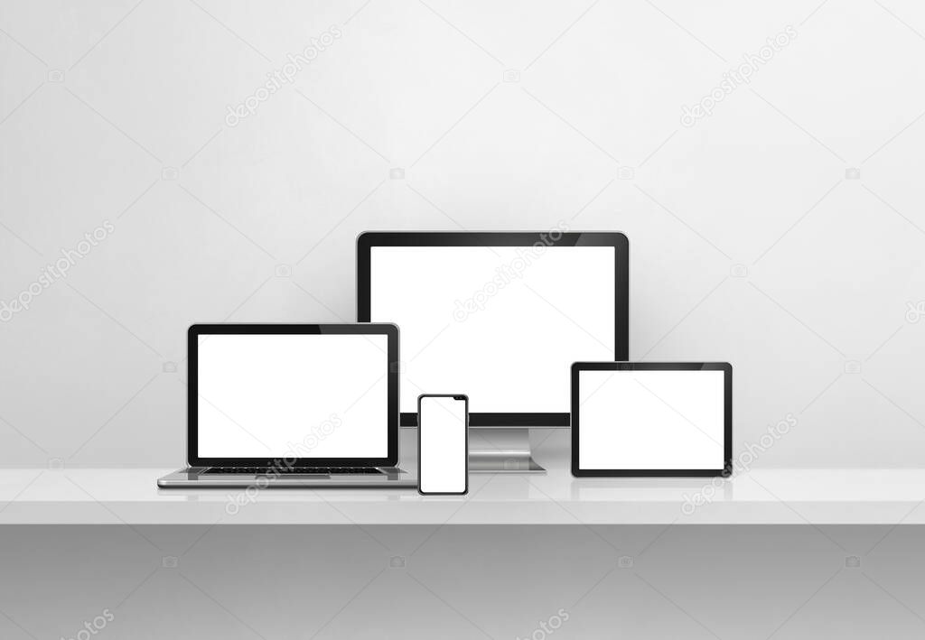 Computer, laptop, mobile phone and digital tablet pc - white concrete wall shelf banner. 3D Illustration