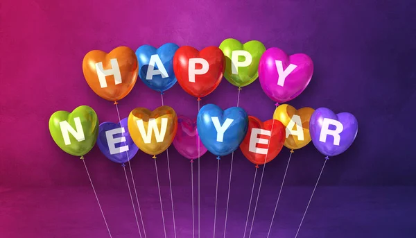 Kleurrijke Vrolijke Nieuwjaar Hartvorm Ballonnen Een Paarse Betonnen Achtergrond Horizontale — Stockfoto