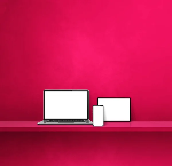 笔记本电脑 手机和数字平板电脑放在粉红色的壁架上 正方形背景 3D说明 — 图库照片