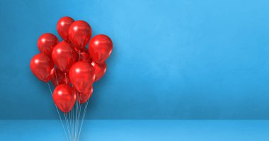 Kırmızı balonlar mavi duvar arka planında toplanmış. Yatay pankart. 3B illüstrasyon oluşturucu