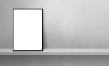 Gri bir rafa yaslanmış siyah resim çerçevesi. 3 boyutlu illüstrasyon. Boş model şablonu. Yatay Pankart