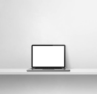 Laptop bilgisayarı beyaz beton rafta. Kare arka plan. 3B Görüntü