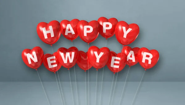 Red Happy New Year Heart Shape Balloons Grey Concrete Background — Stock Photo, Image