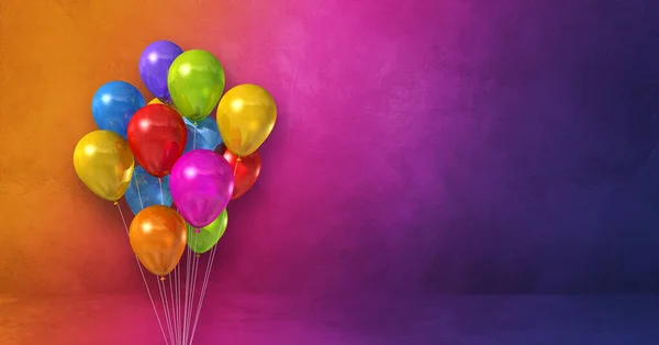 Bunte Luftballons Stapeln Sich Vor Einem Regenbogenhintergrund Horizontale Fahne Illustrationsrenderer — Stockfoto