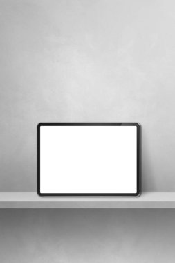 Gri duvar rafında dijital tablet var. Dikey arkaplan pankartı. 3B Görüntü