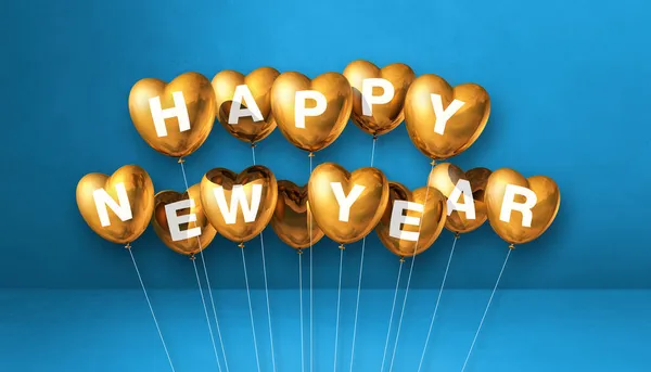 Goud Gelukkig Nieuwjaar Hartvorm Ballonnen Een Blauwe Betonnen Achtergrond Horizontale — Stockfoto