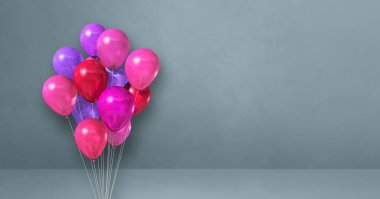 Pembe balonlar gri duvar arka planında bir araya toplanmış. Yatay pankart. 3B illüstrasyon oluşturucu