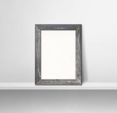 Ahşap çerçeve beyaz bir rafa yaslanıyor. 3 boyutlu illüstrasyon. Boş model şablonu. Kare arkaplan