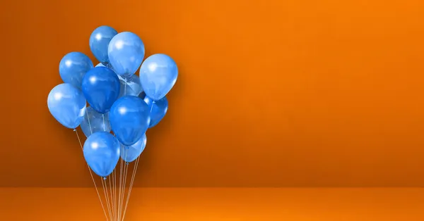 オレンジ色の壁の背景に青い風船束 水平方向のバナー 3Dイラストレンダリング — ストック写真